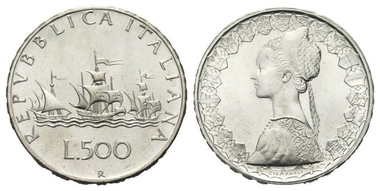 500 lire Caravelle in argento, una moneta che vale fino a 12mila euro